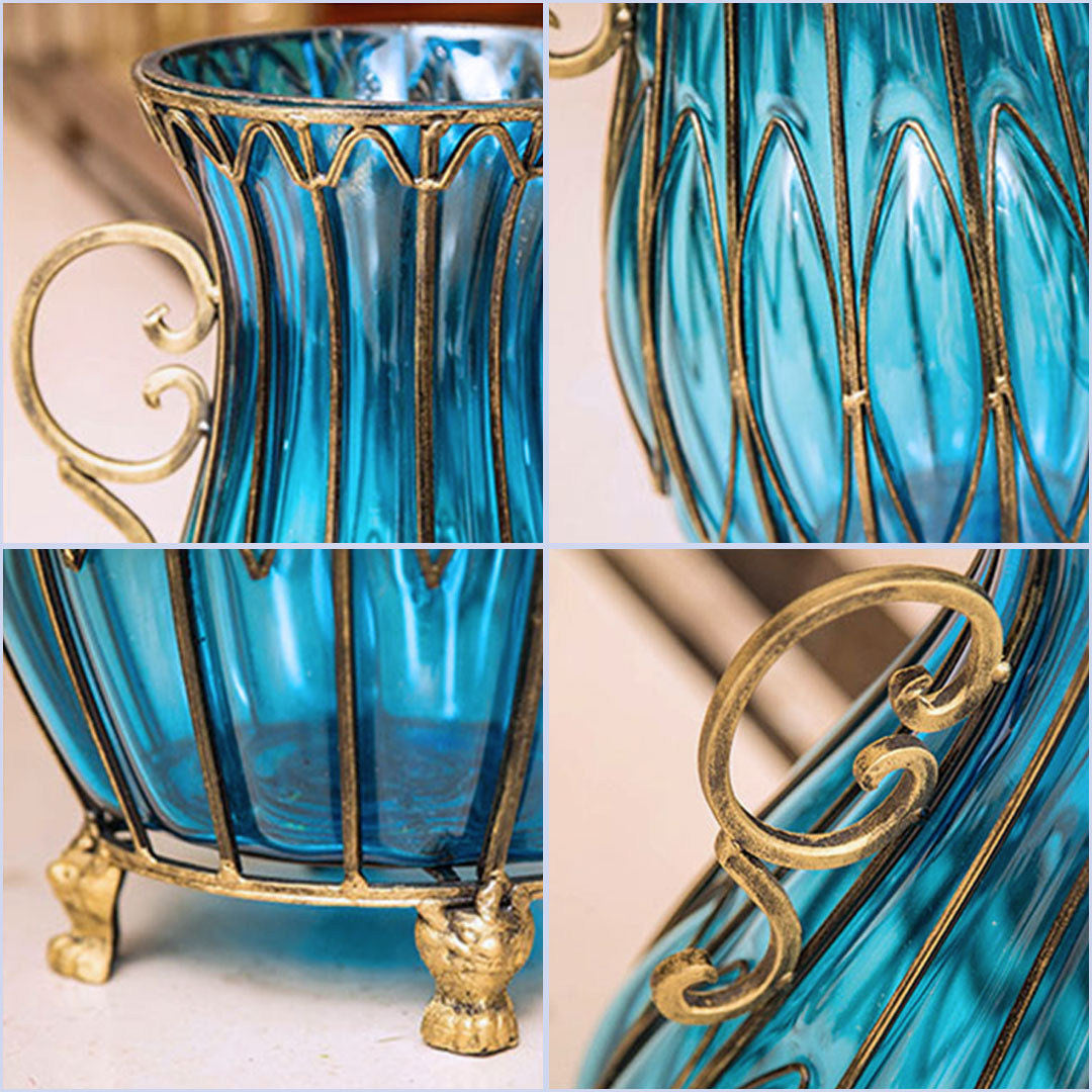 Blue Glass Floor Vase with 12pcs Pink Artificial Flower Set