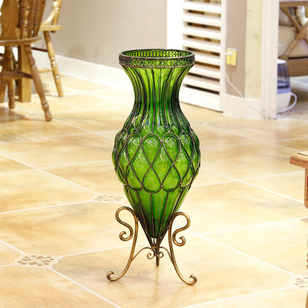 AzureBloom Green Glass Vase with White Floral Set