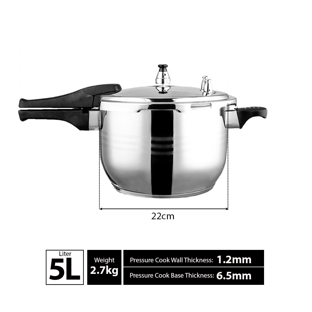 5L Commercial Grade Stainless Steel Pressure Cooker With Seal- image showing cooker dimensions and weight
