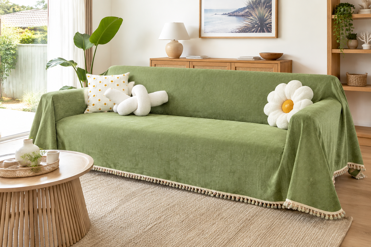 HerriLoom green herringbone cover on a three-seater sofa