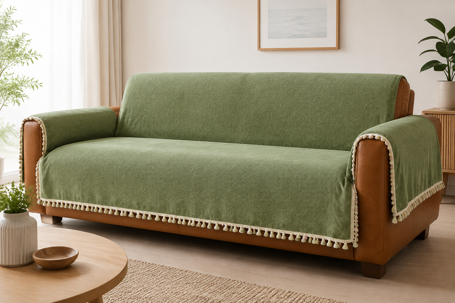 HerriLoom couch cover protecting a tan leather sofa