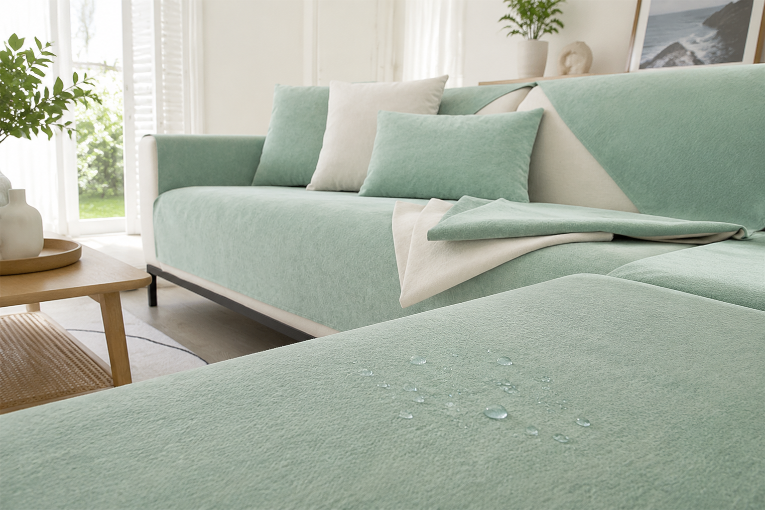 LuxeGuard sofa cover with water beading on the fabric