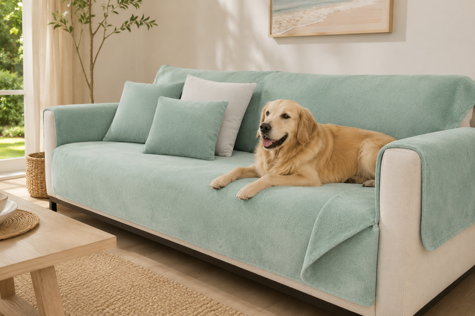Golden retriever resting on a LuxeGuard pet-friendly sofa cover