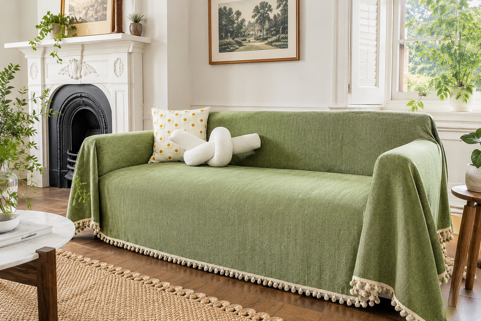 HerriLoom green herringbone cover on a classic settee