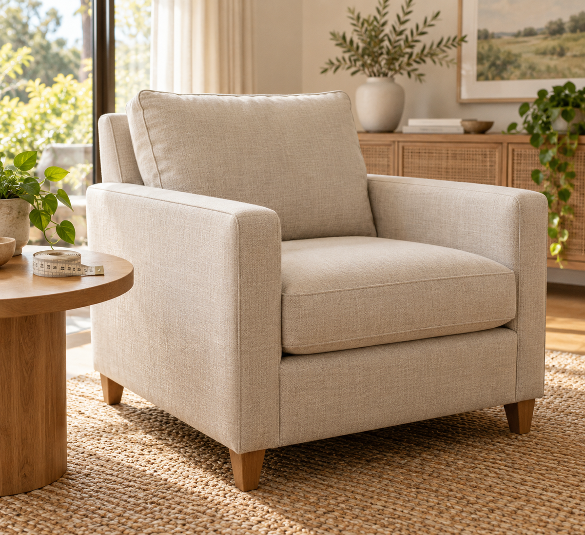 Illustration of a beige armchair beside a measuring tape