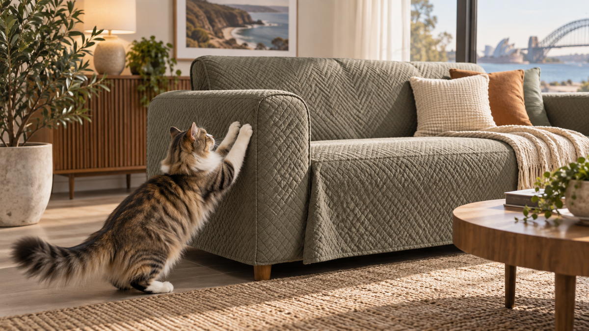 Durable couch cover for cats that scratch in an Australian living room