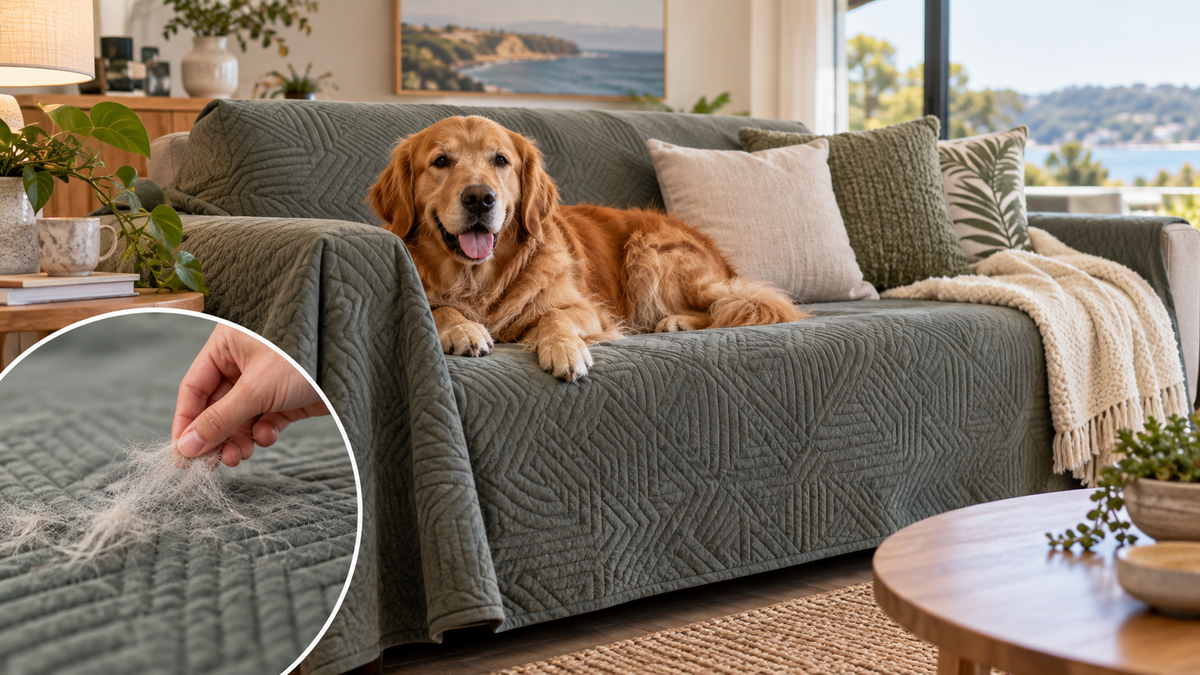 Pet-friendly couch cover for dog hair in an Australian home