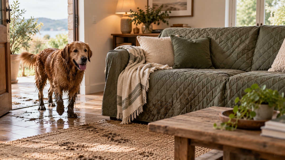 Couch cover protecting a sofa from muddy paws and wet dogs