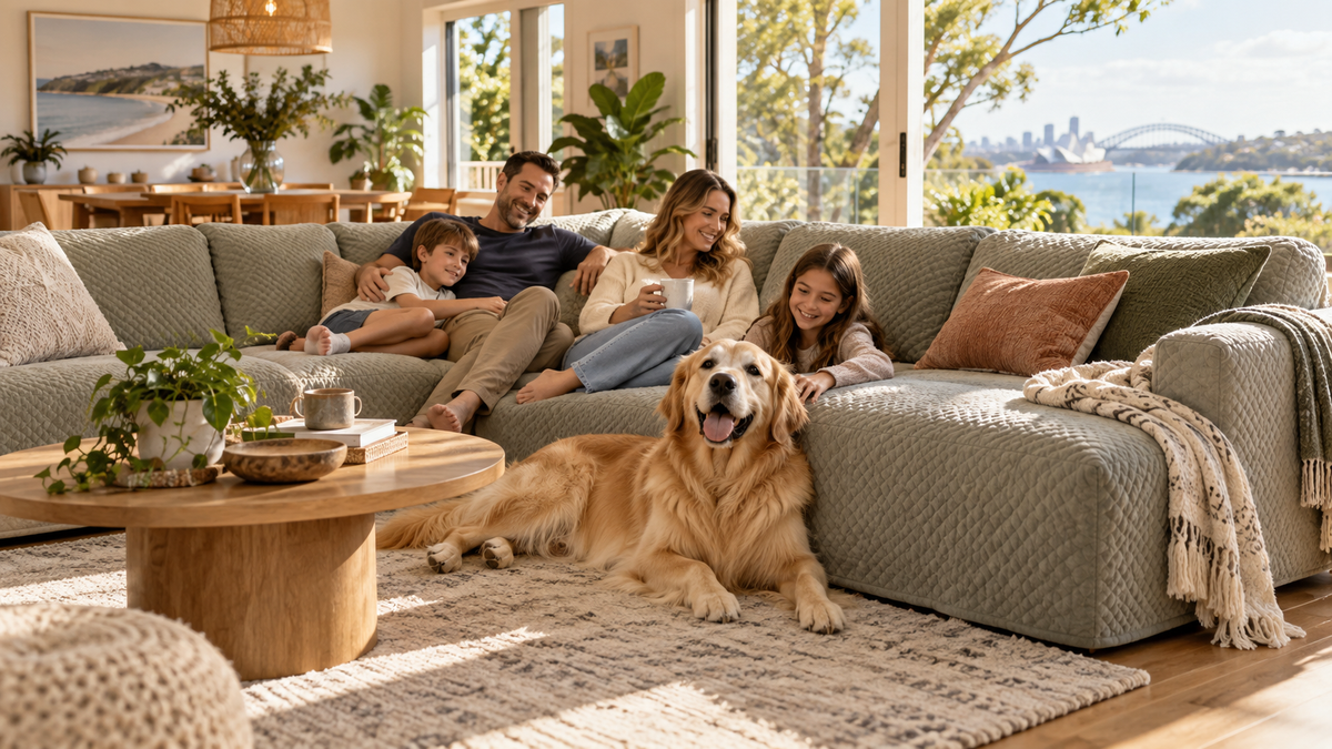 Large dog and family relaxing on a protected sofa in an Australian home