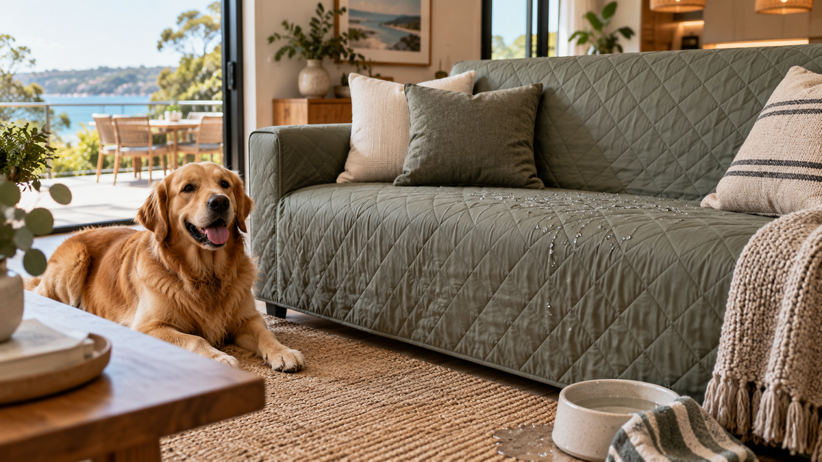 Waterproof couch cover for dogs in an Australian living room