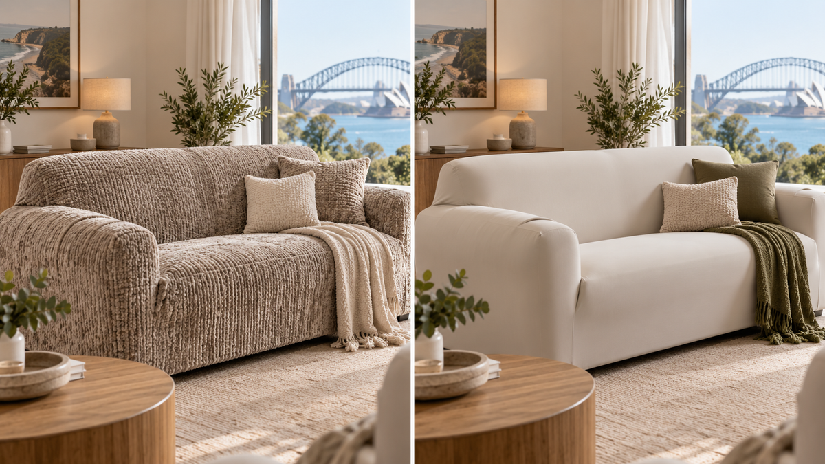 Chenille versus stretch sofa cover comparison in an Australian living room