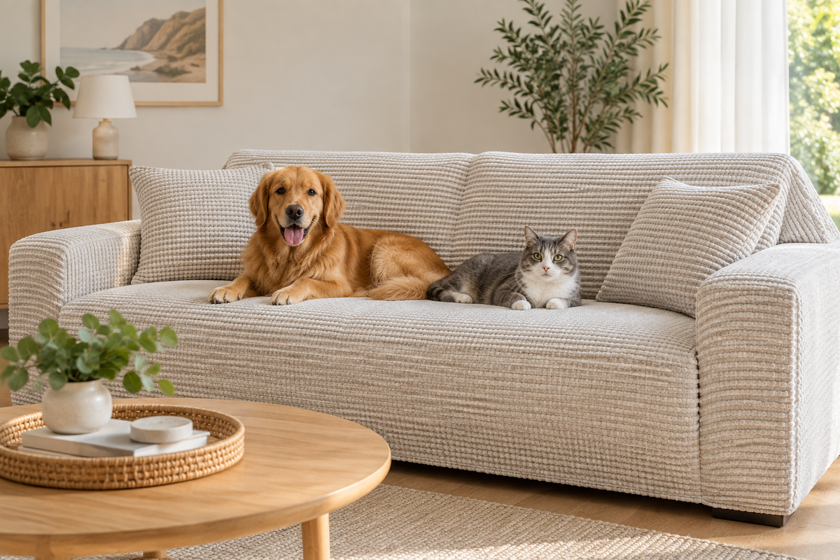 Pet-friendly covered sofa in a modern Australian living room