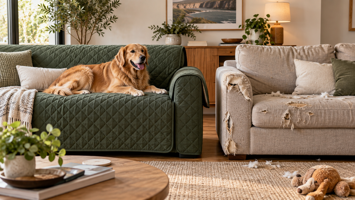 Dog-proof couch cover comparison in a stylish living room
