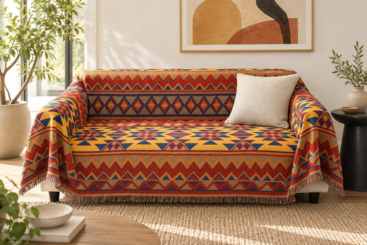 AI-created styling illustration of Dual-Sided Geometric Jacquard Anti-Slip Sofa Cover in an Australian living room