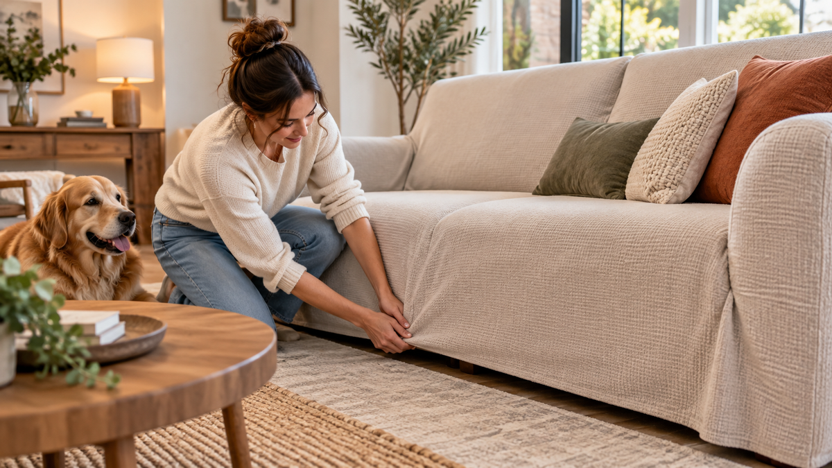 Person adjusting a couch cover to stop it from sliding