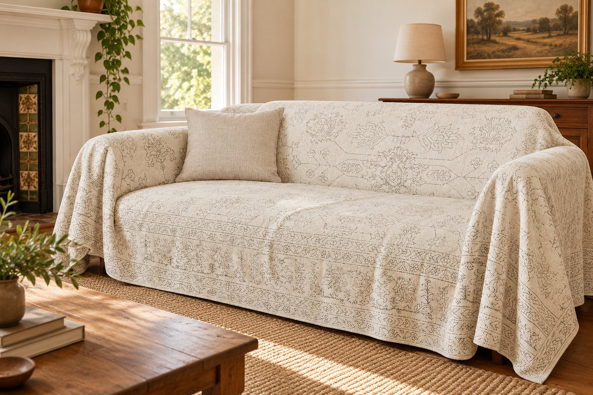 AI-created styling illustration of Ethnic Light Luxury Dustproof Sofa Slipcover – Persian Floral Collection in an Australian living room