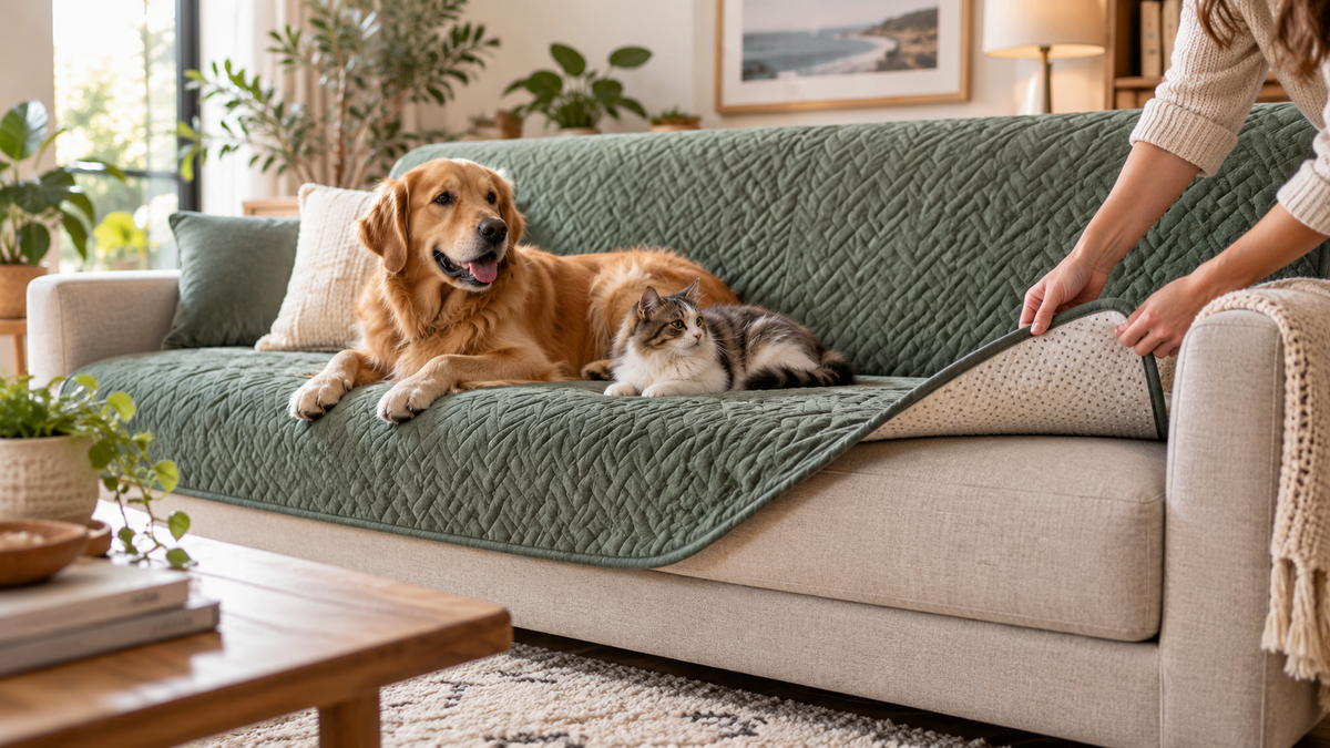 Non-slip pet couch cover staying securely in place