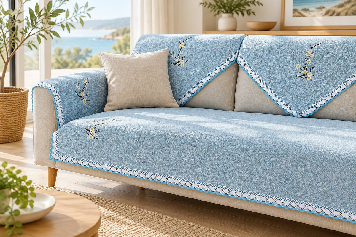 AI-created styling illustration of SoftBlend Luxe Sofa Cover in an Australian living room