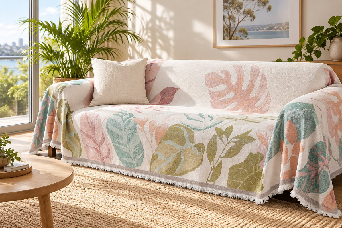 AI-created styling illustration of Spring Chenille Sofa Cover in an Australian living room