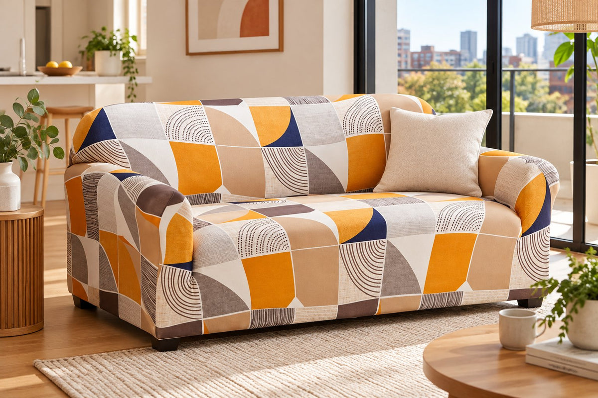 AI-created styling illustration of Stretchy Nordic-Style All-Season Sofa Cover in an Australian living room