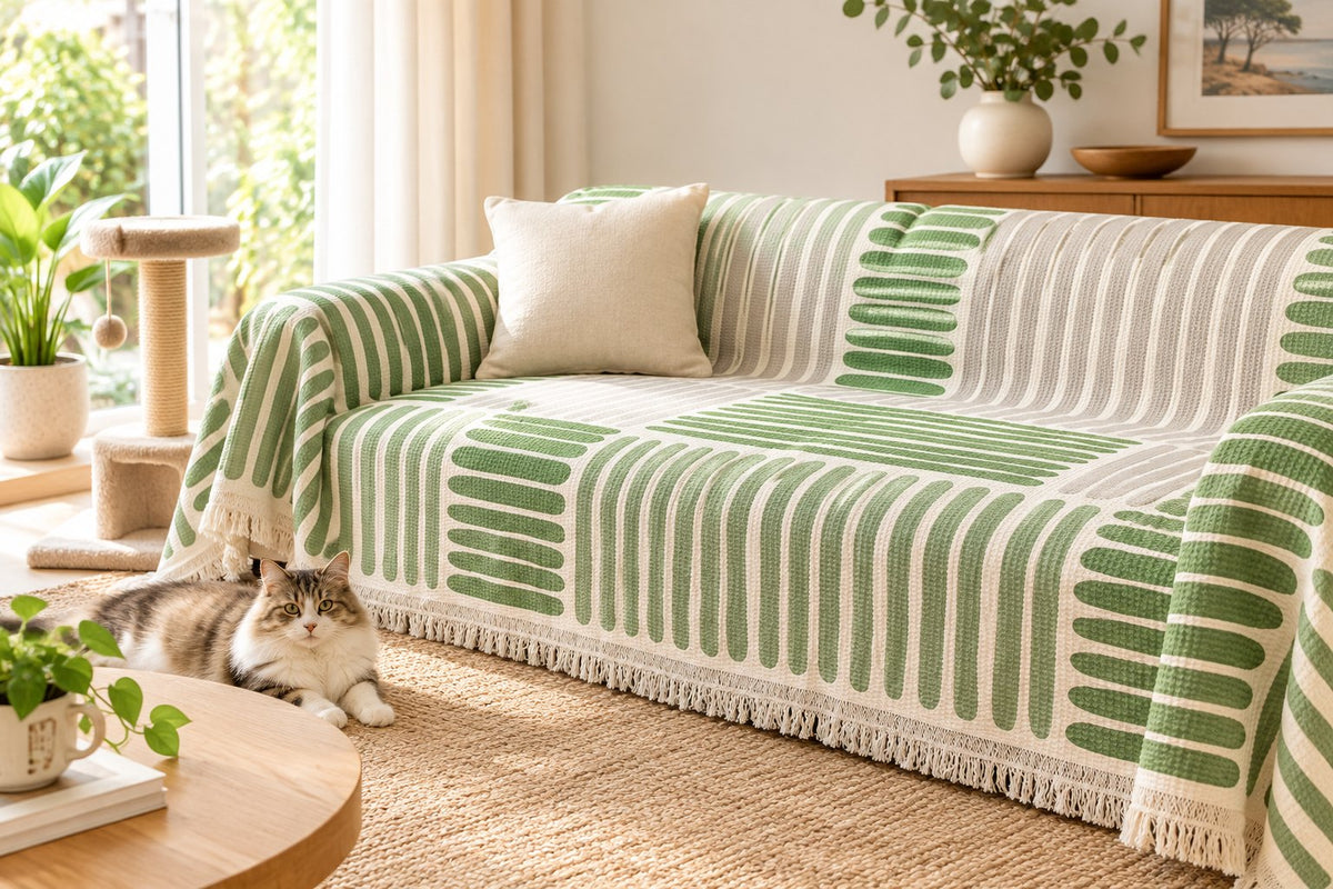 AI-created styling illustration of StriGuard – Striped Cotton Sofa Towel & Scratch Protector in an Australian living room