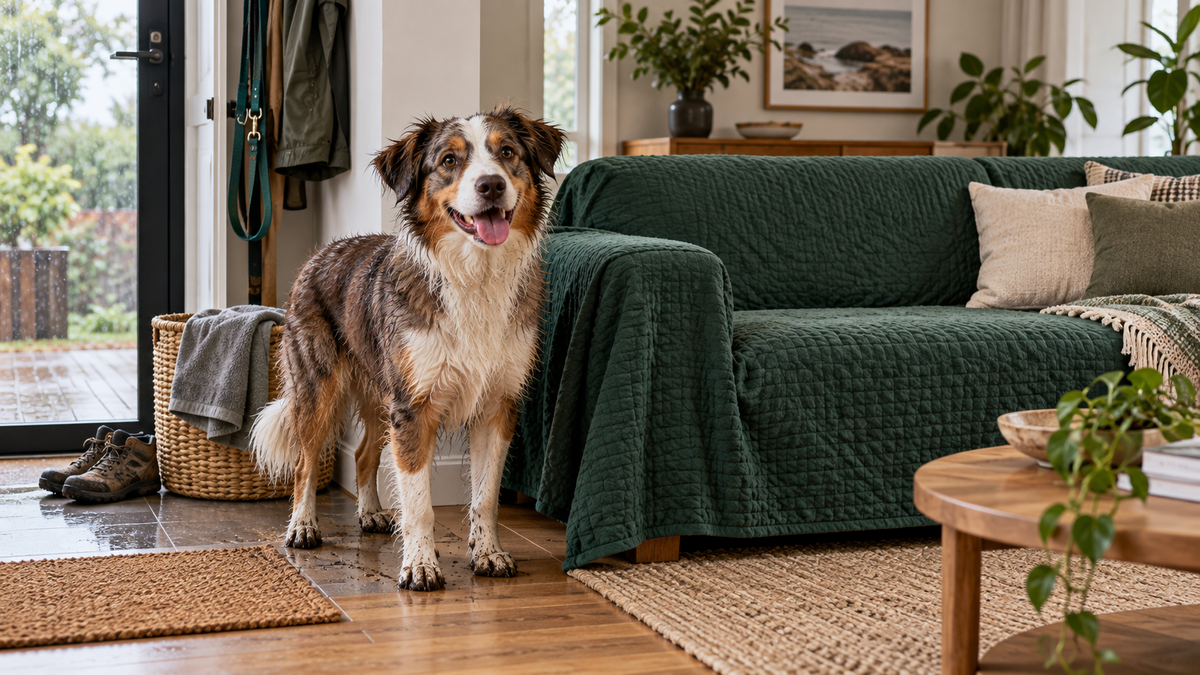 Wet dog beside a sofa protected with a waterproof couch cover