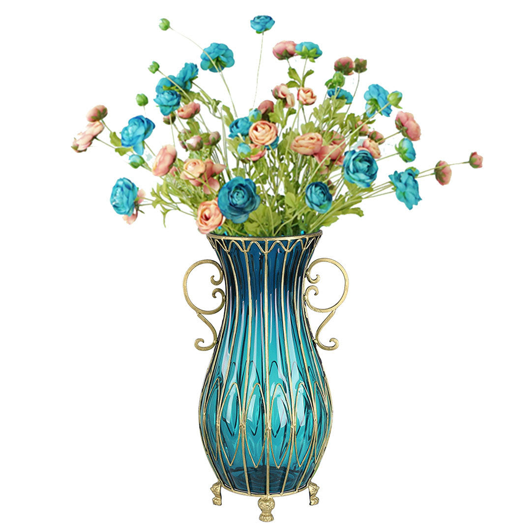 Blue Glass Floor Vase with 12pcs Artificial Flower Set