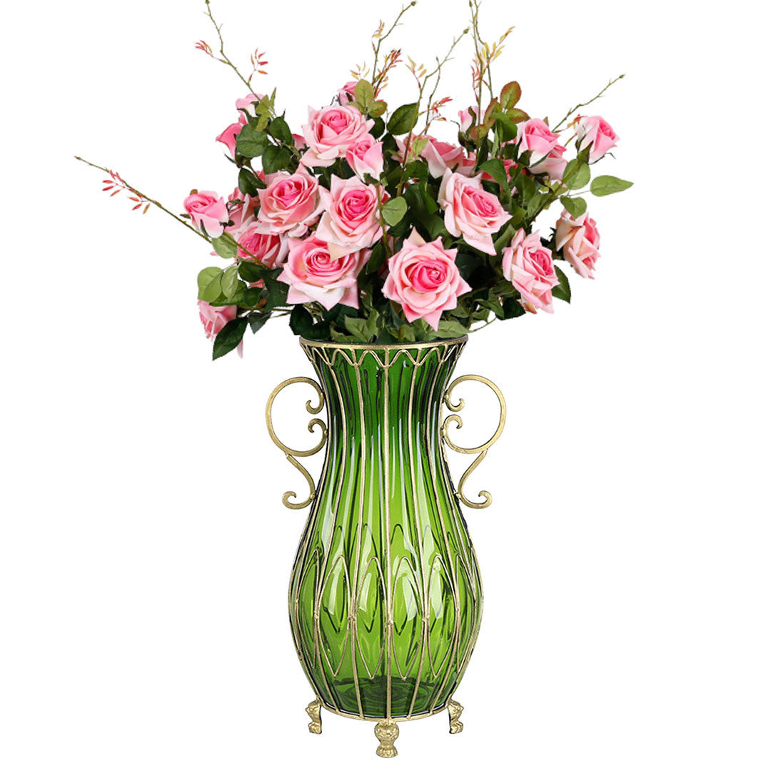 Green Glass Floor Vase with 12pcs Pink Artificial Flower Set