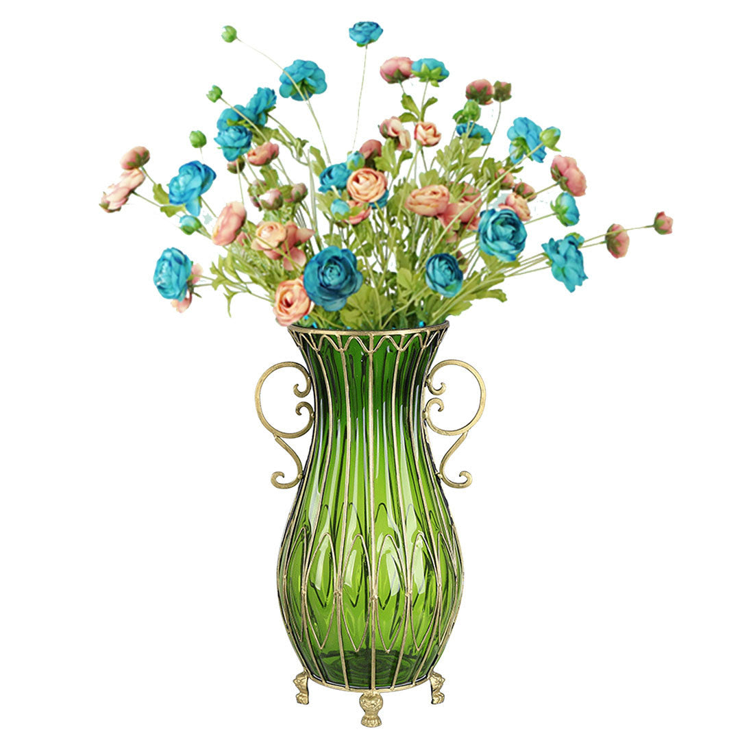 Green Glass Floor Vase with 12pcs Artificial Flower Set