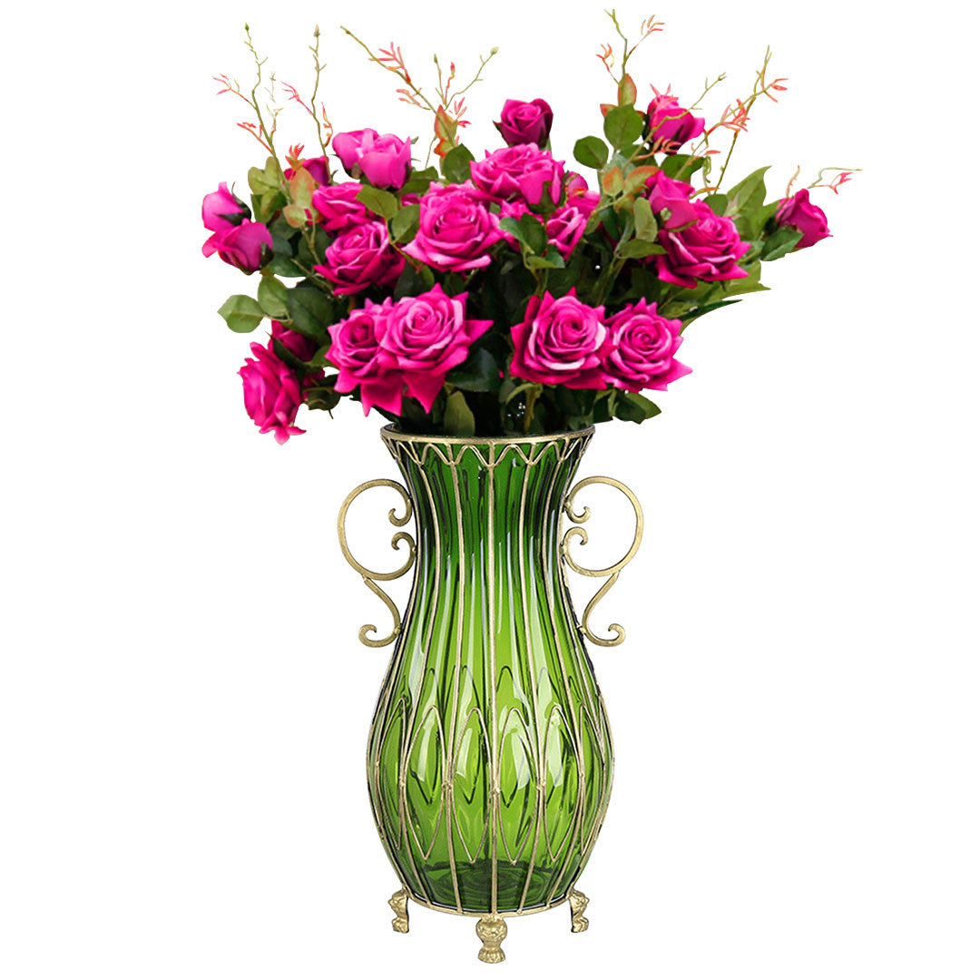 Green Glass Floor Vase with 12pcs Dark Pink Artificial Flower Set