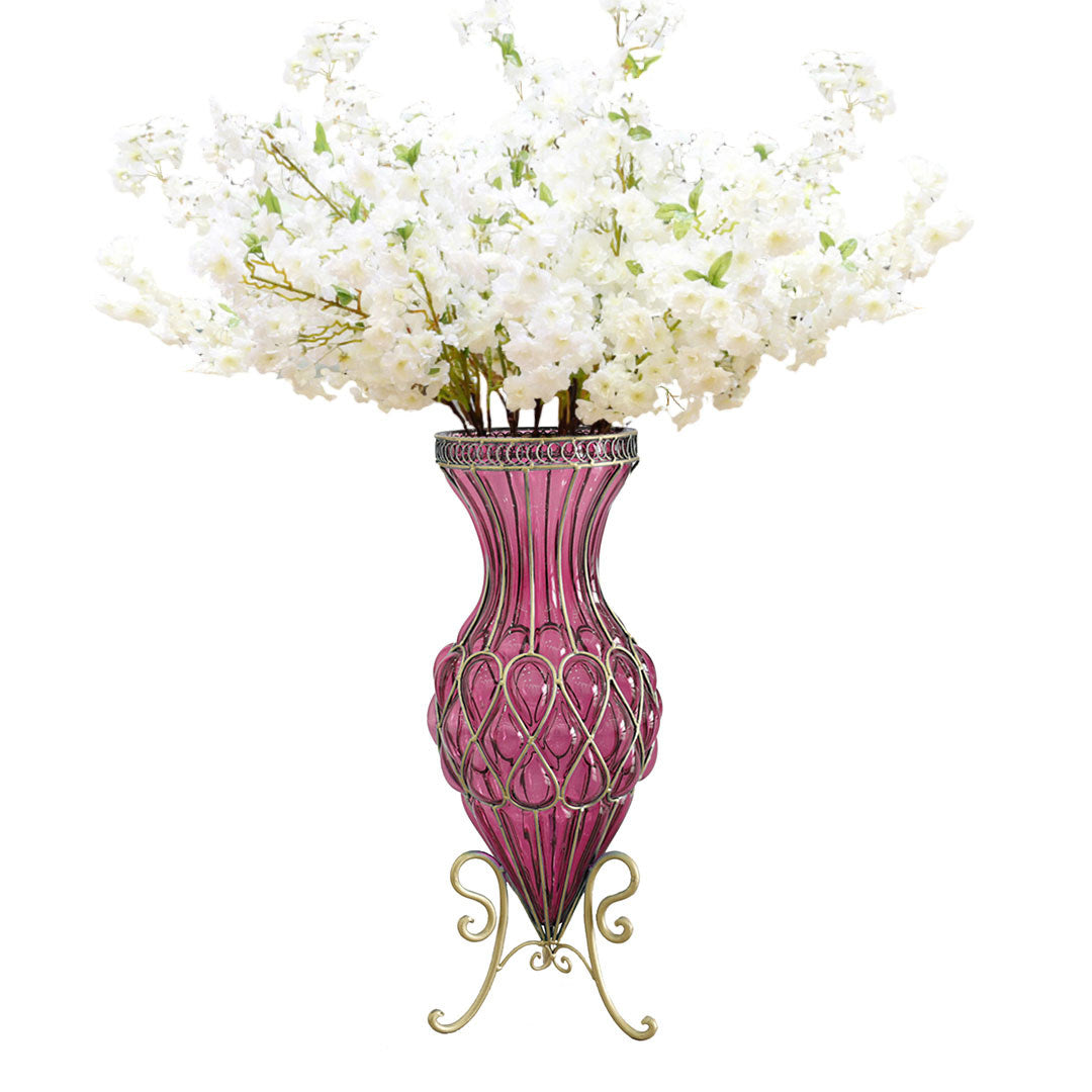 AzureBloom Purple Glass Vase with White Floral Set