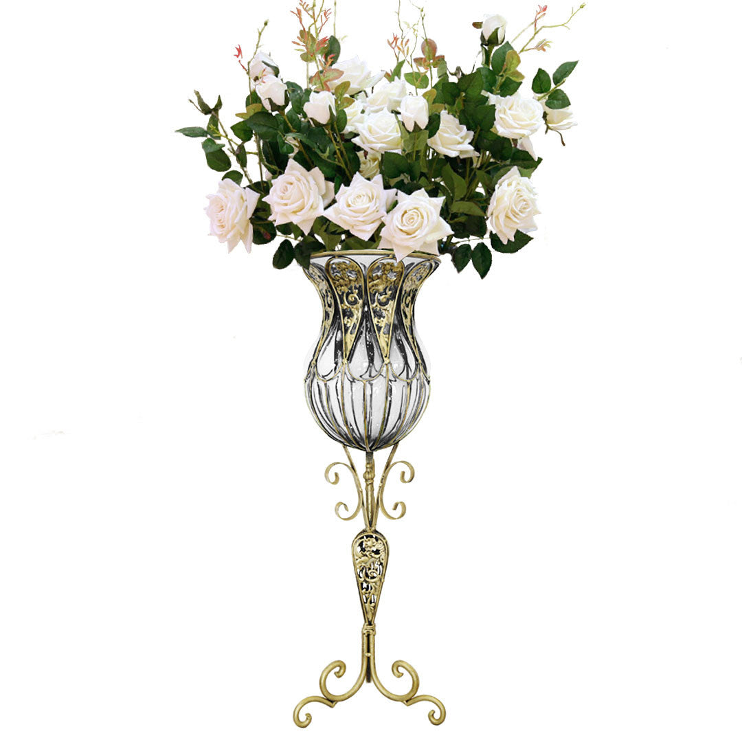 CrystalBloom 85cm Clear Glass Floor Vase with 12pcs White Artificial Flower Set