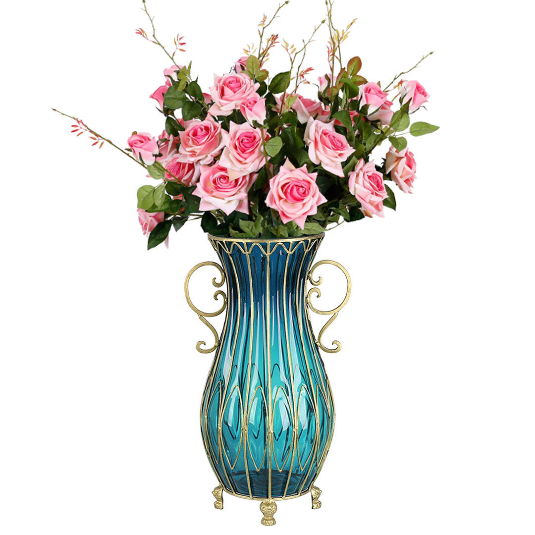 Blue Glass Floor Vase with 12pcs Pink Artificial Flower Set