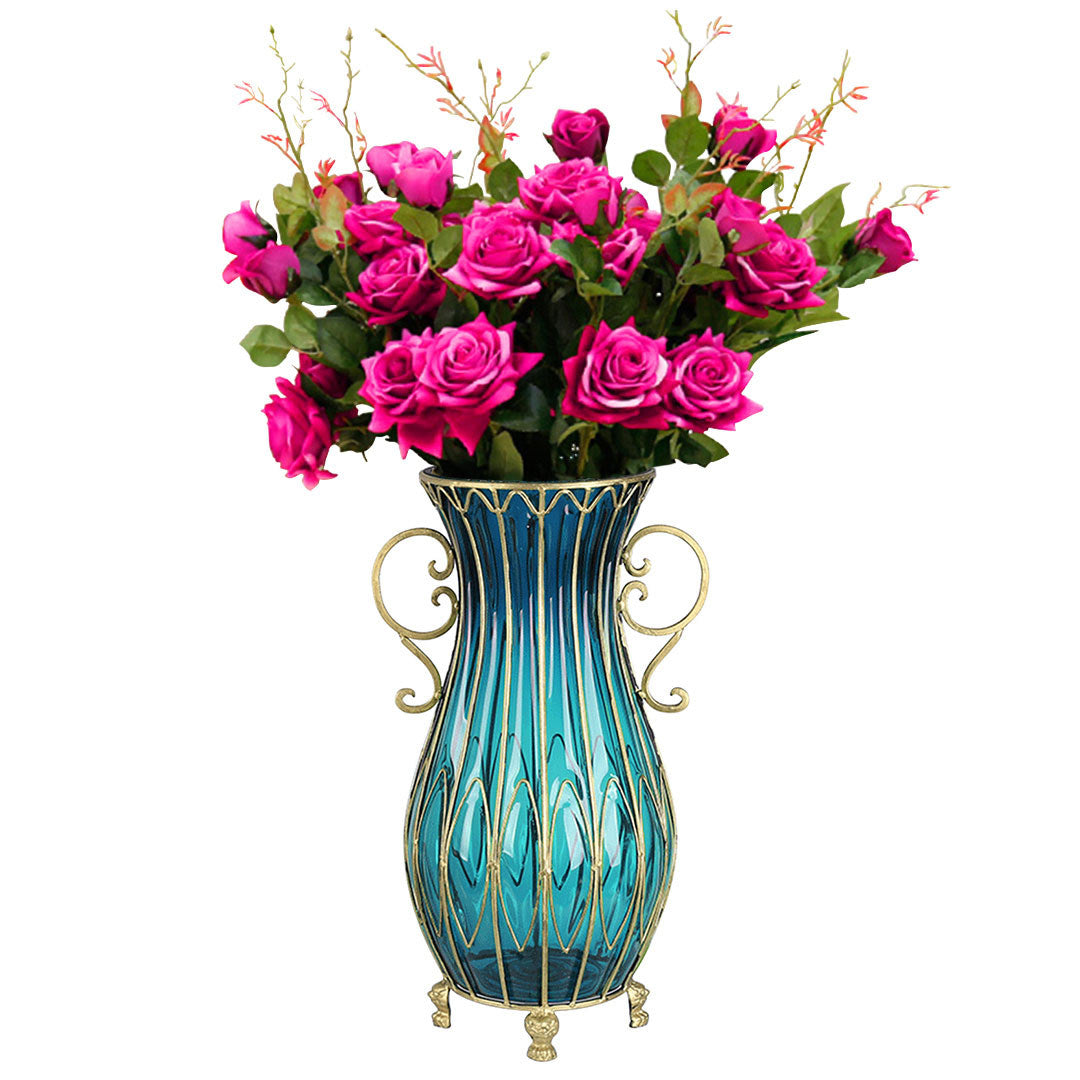 Blue Glass Floor Vase with 12pcs Dark Pink Artificial Flower Set