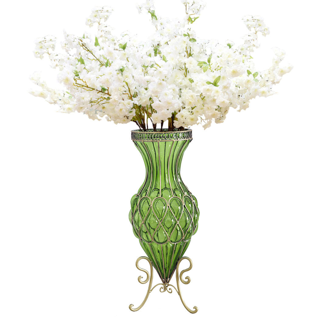 AzureBloom Green Glass Vase with White Floral Set