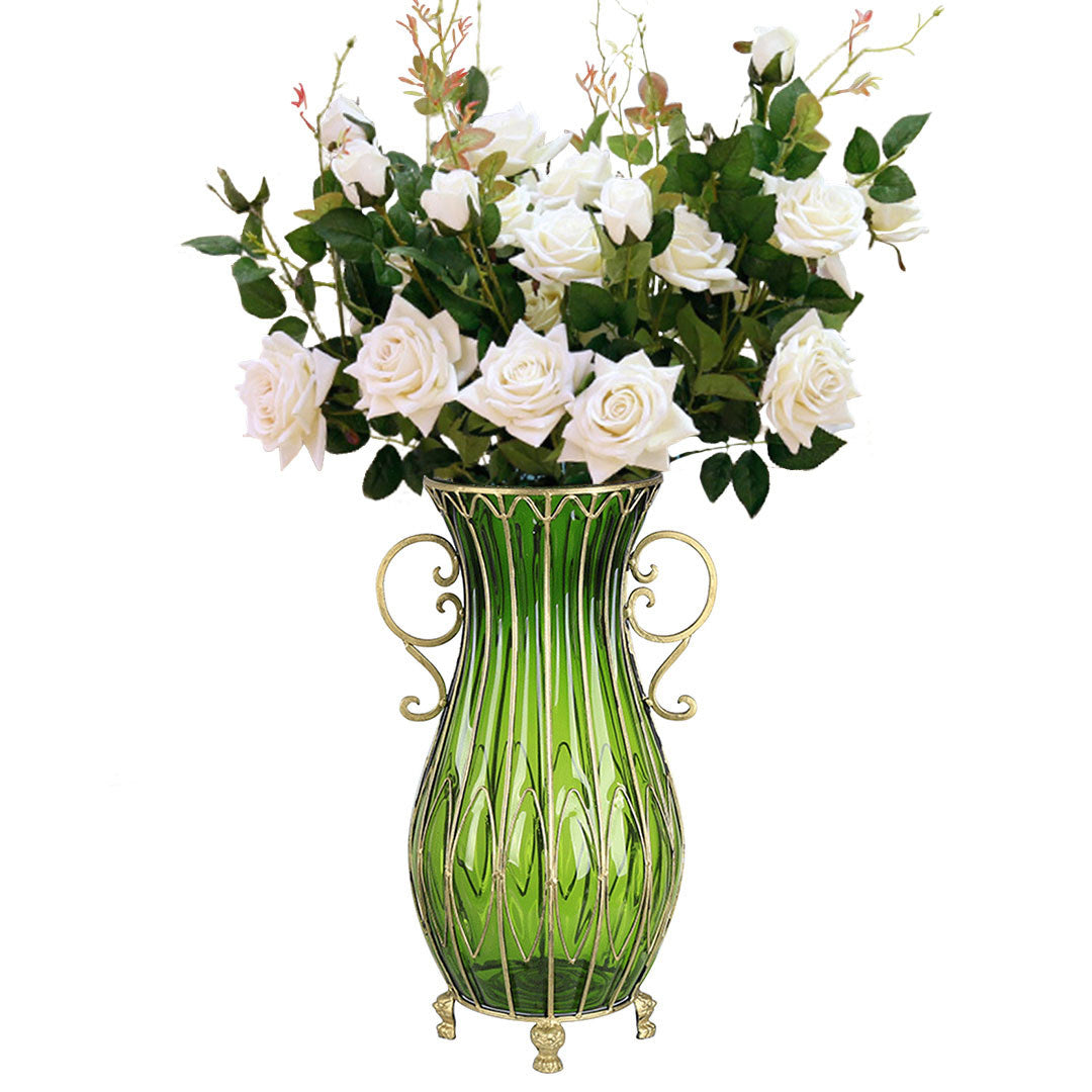 Green Glass Floor Vase with 12pcs White Artificial Flower Set