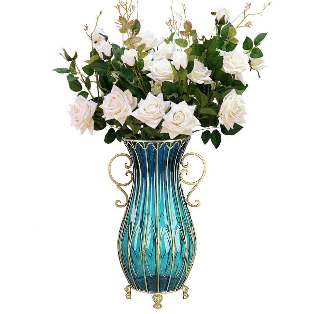 Blue Glass Floor Vase with 12pcs White Artificial Flower Set