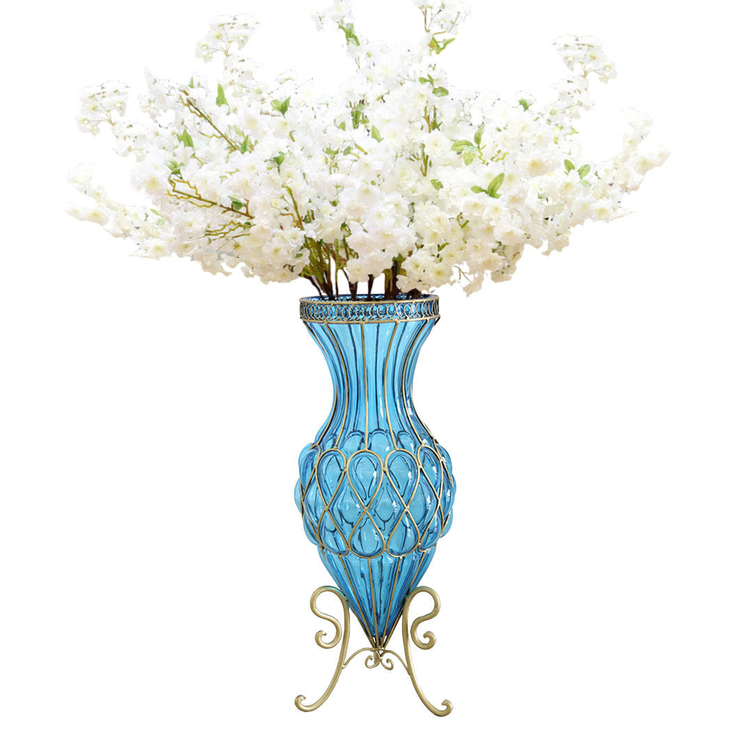 AzureBloom Blue Glass Vase with White Floral Set