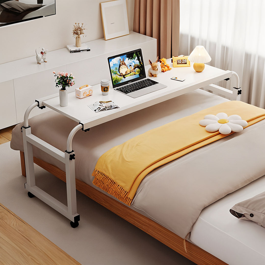 White Cross Bed Movable Desk Table with Adjustable Length & Height