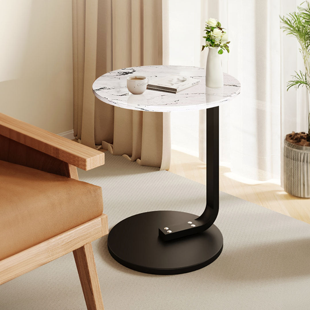 White Marble Mini Side Table Movable Lightweight with Black Frame