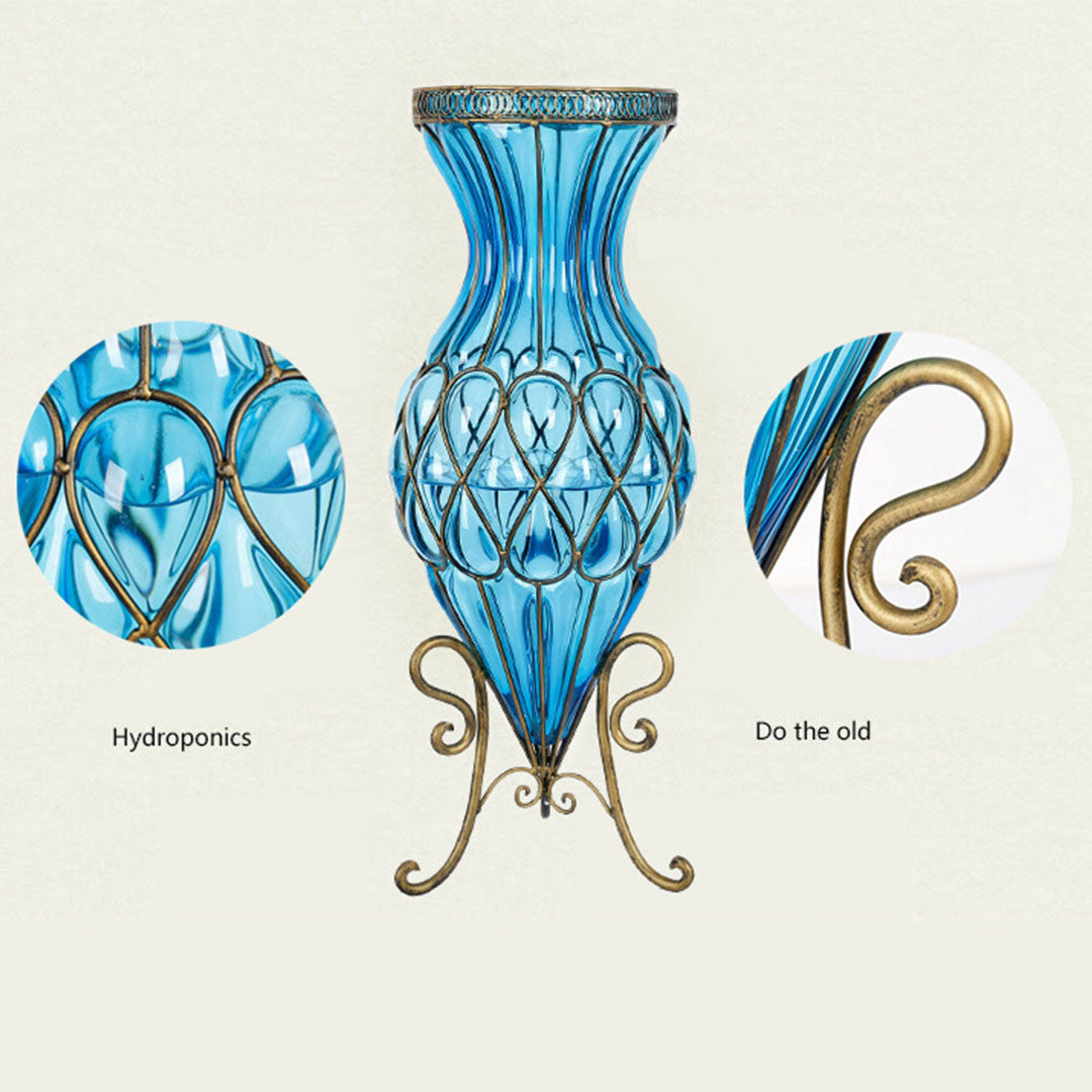 AzureBloom Blue Glass Vase with White Floral Set