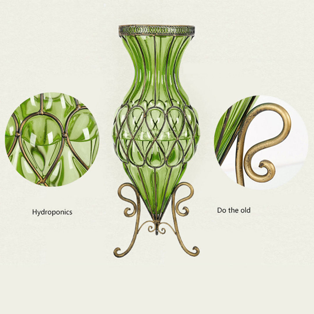 AzureBloom Green Glass Vase with White Floral Set