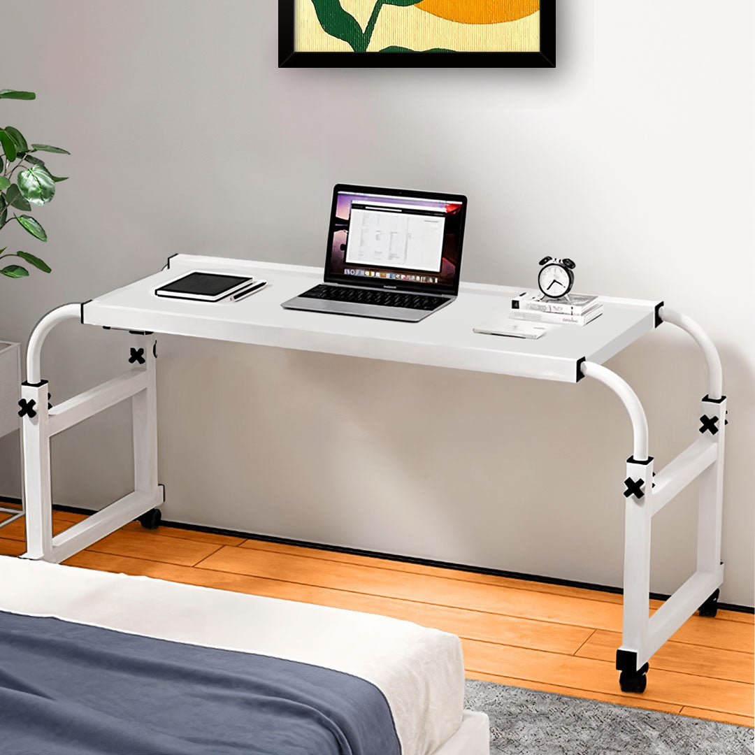 White Cross Bed Movable Desk Table with Adjustable Length & Height