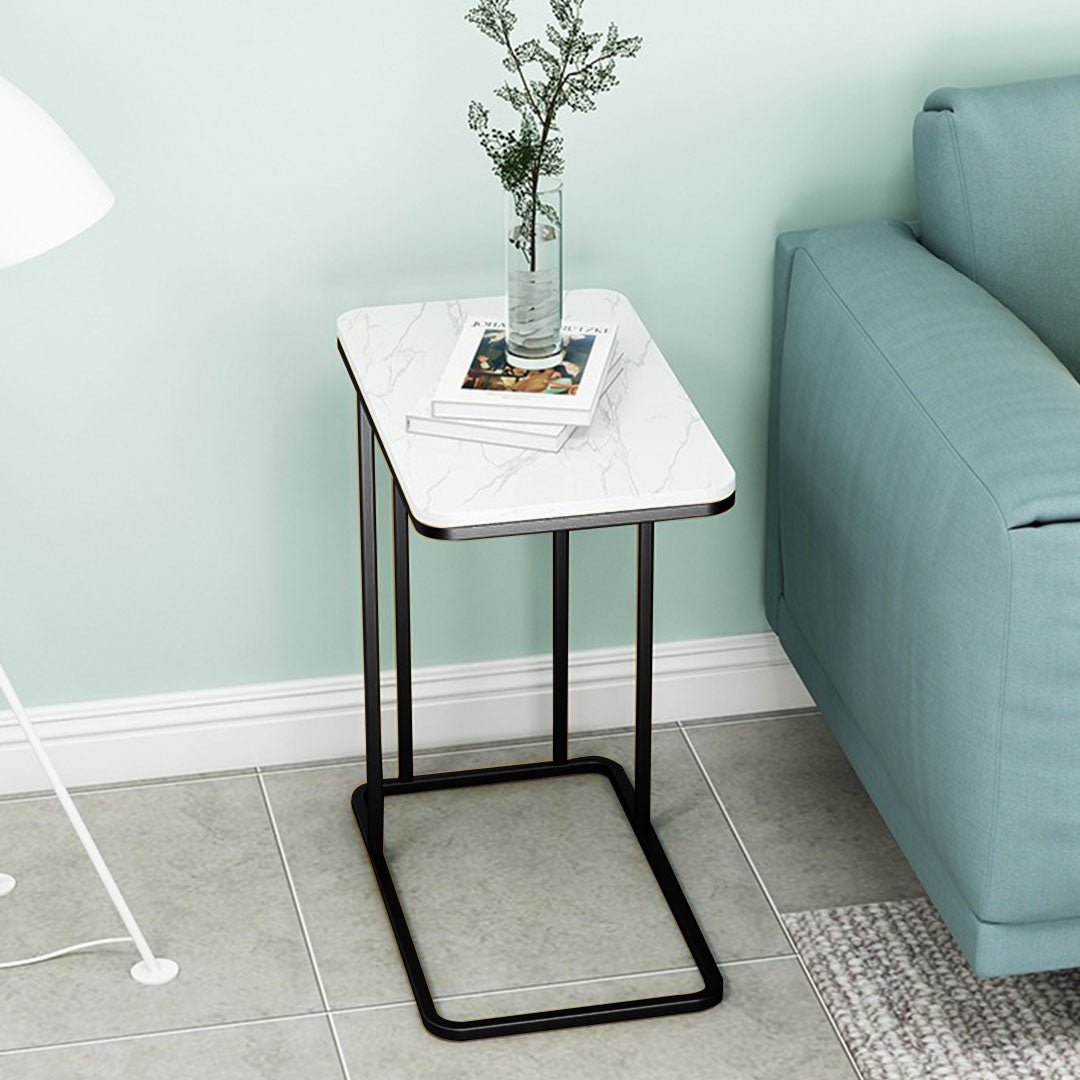 White Ceramic Sofa Side Square Mini Table with Black Metal Legs