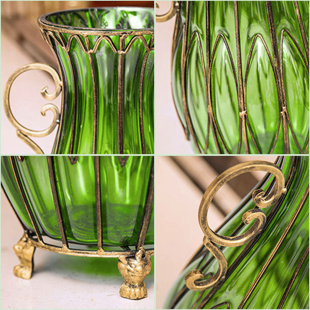 Green Glass Floor Vase with 12pcs Artificial Flower Set