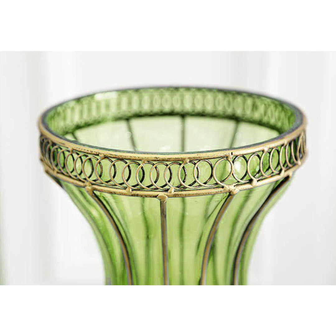 AzureBloom Green Glass Vase with White Floral Set