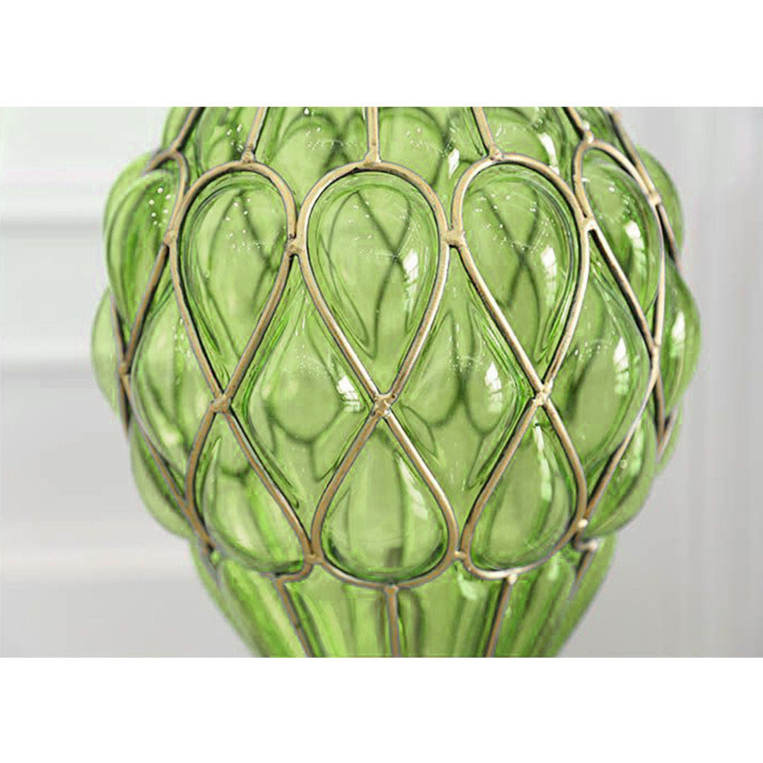 AzureBloom Green Glass Vase with White Floral Set