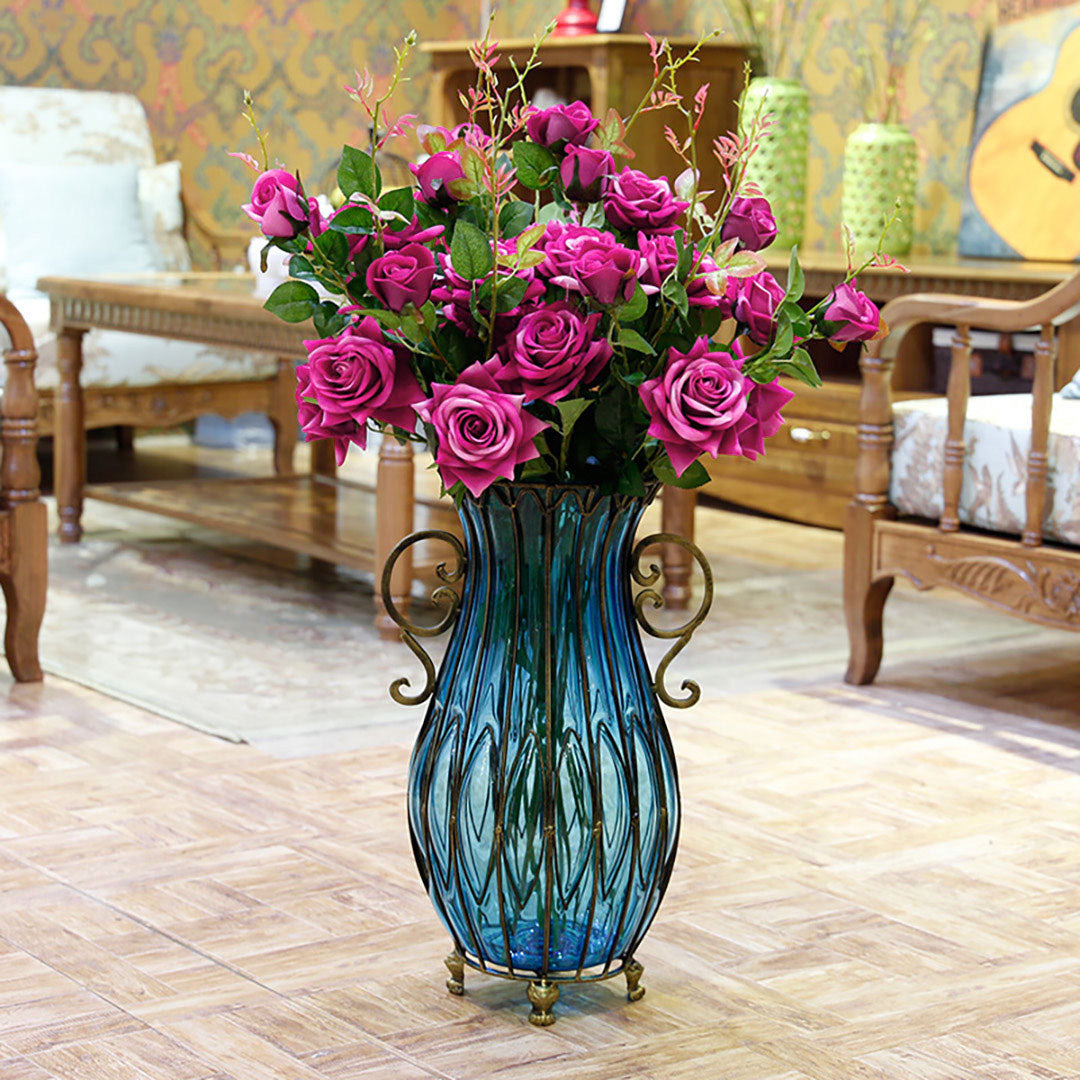 Blue Glass Floor Vase with 12pcs Dark Pink Artificial Flower Set