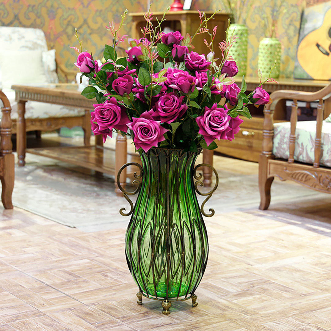 Green Glass Floor Vase with 12pcs Dark Pink Artificial Flower Set