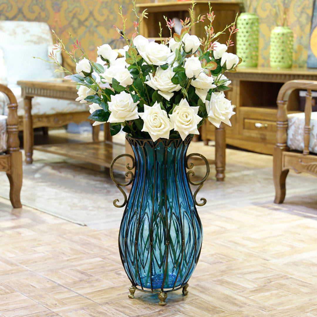 Blue Glass Floor Vase with 12pcs White Artificial Flower Set